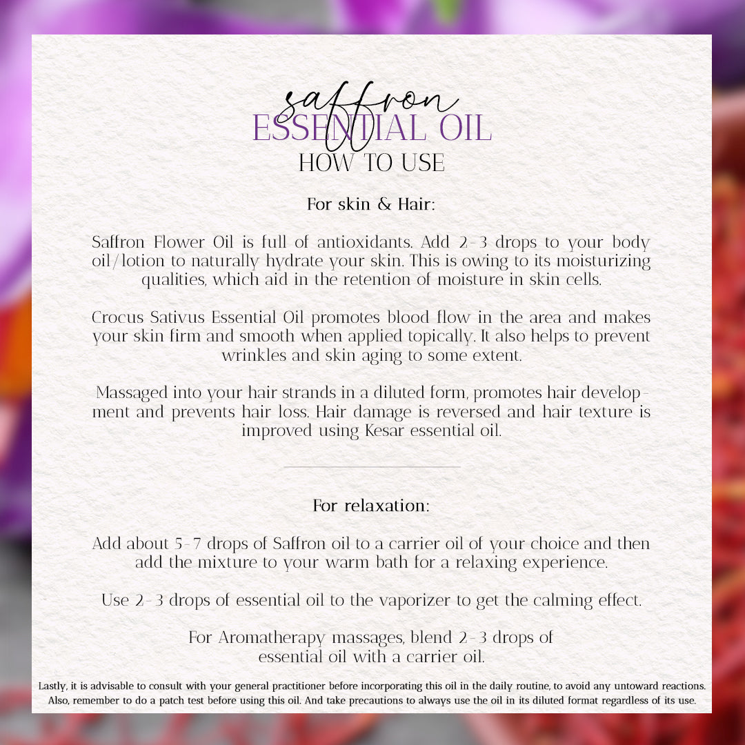how to use saffron essential oil for aromatherapy massage by HeritageBox india.